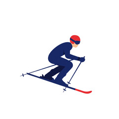 A vibrant graphic illustration captures a person in a ski suit and helmet, actively engaged in the thrilling sport of skiing.