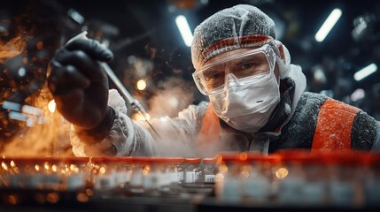 Laboratory Technician Conducting Research in Clean Room with Safety Gear and Medical Vials in Focus