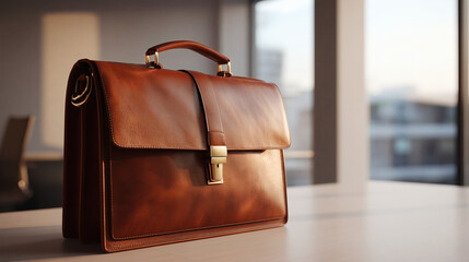 A professional still life of a classic, structured, high-quality leather briefcase, standing on a clean surface in a modern office, ready for business.