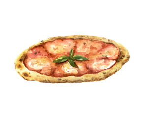 Italian traditional pizza with tomato sauce side view. Watercolor hand drawn illustration isolated on white for menu design, packaging and printing