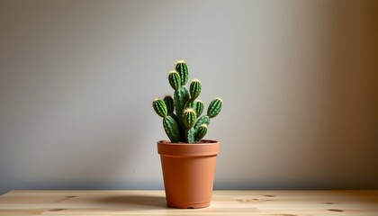 Isolated Cactus Small Pot Against Neutral Background
