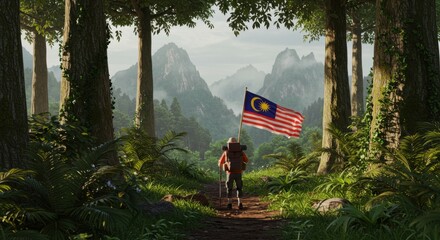 Malaysian Hiker with Flag in Lush Tropical Forest, Majestic Mountains Backdrop