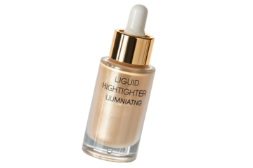 Gold capped dropper bottle of liquid highlighter with illuminating makeup on white background