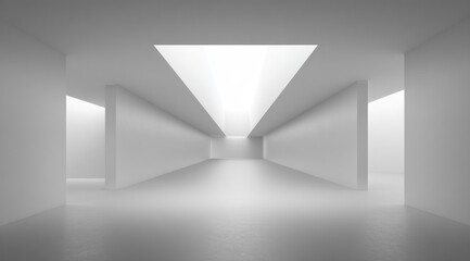 A minimalist rendering of a long, white corridor with subtle lighting from a triangular skylight above, leading to a vanishing point in the distance, creating a sense of depth and perspective