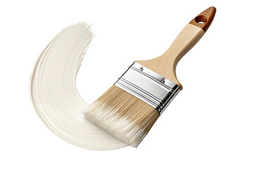 Wooden paintbrush with light beige paint stroke on black background isolated image closeup view