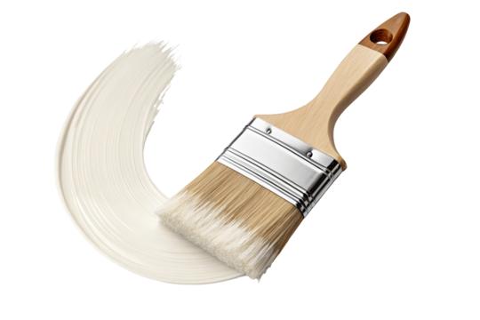 Wooden paintbrush with light beige paint stroke on black background isolated image closeup view