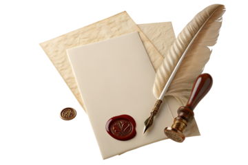 Classic stationery set with quill pen and wax seal on parchment background