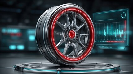 Obraz premium Highly Detailed Car Wheel with Futuristic Tech Interface and Illuminated Elements in a Modern Environment