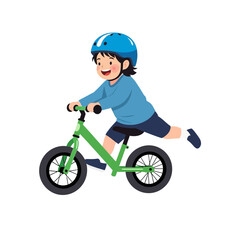 Fototapeta premium Joyful child riding a green balance bike with blue helmet and one leg extended