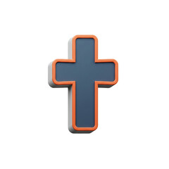 Obraz premium A modern three-dimensional cross symbol with a vibrant orange border and dark blue interior represents faith and spirituality.
