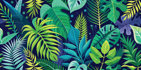 Tropical jungle seamless pattern with diverse foliage, including large leaves and vibrant plants, creating a lush atmosphere..eps