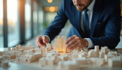 Professional businessman in suit arranges miniature buildings. Architect works with city model, architectural design project for real estate development. Home construction concept, property