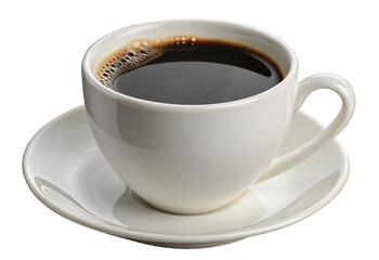 Obraz premium White ceramic coffee cup filled with dark rich black coffee sitting on matching white round saucer