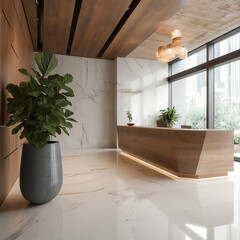 Modern reception area in corporate office with marble floor, minimalist wooden desk, and large green plant in corne