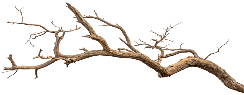 Dry tree branch with intricate shapes against black background isolated and detailed nature image