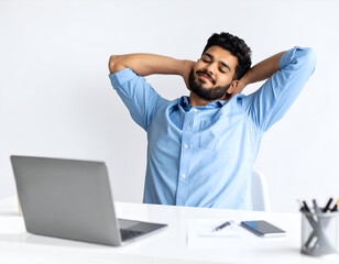 Office worker stretching his shoulders at the desk, tension relief pose, plain clothes, white studio background