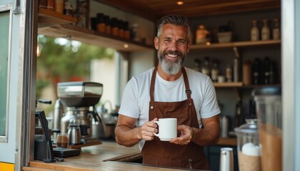 Smiling man with beard wears apron serving coffee from food truck. He holds white mug, operating pro coffee machine, embodying small business entrepreneurship and excellent customer service.