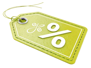 Green sale tag with percentage symbol and floral design isolated on transparent background