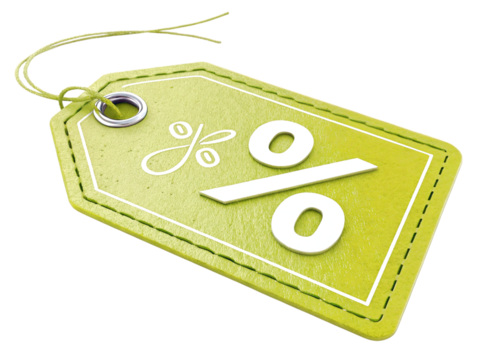 Green sale tag with percentage symbol and floral design isolated on transparent background