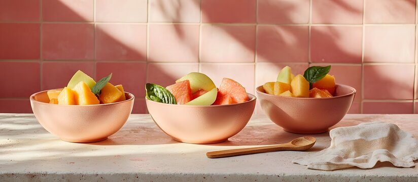 Fresh summer fruit in ceramic bowls in a rustic kitchen - Powered by Adobe