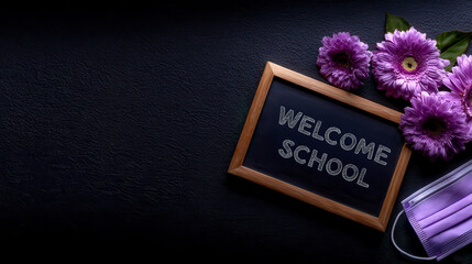 Blackboard with the inscription WELCOME BACK TO SCHOOL flowers and protective face mask Back to school concept in a new coronavirus reality New normal concept Flat lay top view. A cheerful