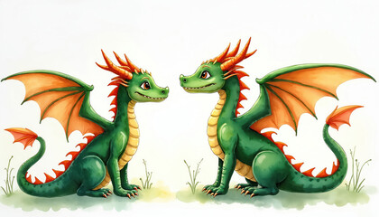 Two friendly green watercolor dragons with orange wings, horns sit facing on light background. Illustration captures mythical creatures in whimsical, charming style. Perfect for children books,