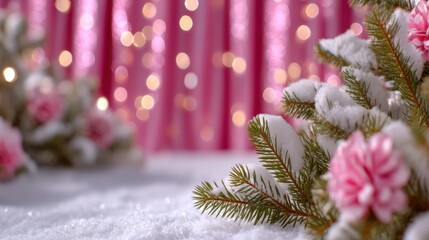 Pink and white Christmas tree decorated with pink flowers against a neutral background, festive holiday decor.