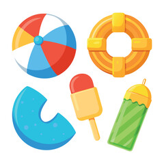 3D Summer vacation icon set. Travel to beach. Yellow ice cream, swim ring, sun cream and inflatable ball. Holidays at sea. Cartoon design icons isolated on white background. 3D Vector illustration