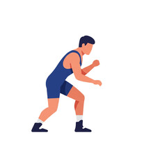 A dynamic male wrestler in a blue uniform takes a low stance, poised and ready for action on the mat.