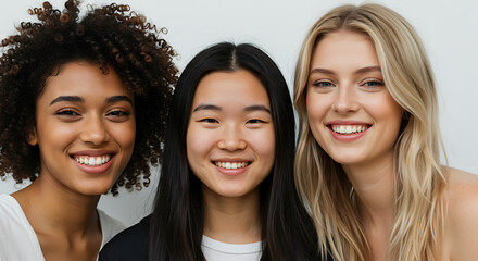 Fototapeta premium Portrait of three happy and diverse young women with different skin tones smiling together in friendship and unity.