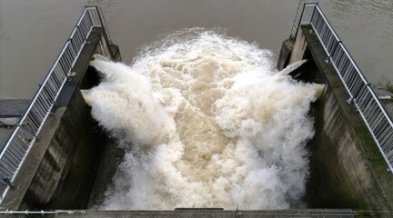Water release from a dam showcasing powerful stream flowing into a river with turbulent waves and frothy surface