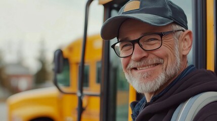 Smiling senior man in cap and glasses standing next to a yellow school bus, portrait of a cheerful bus driver outdoors.