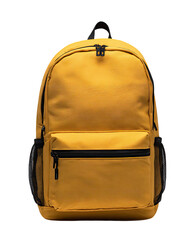 Front view of a mustard yellow backpack with black accents.  Features a main compartment, a zippered side pocket, and adjustable straps