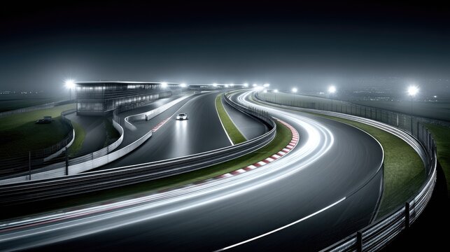 Nighttime Racing Circuit with Bright Lights and Smooth Curves in a Modern Racing Environment