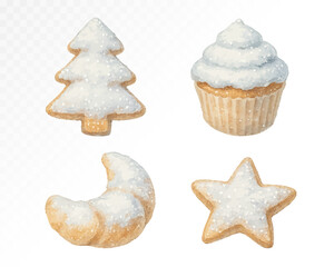 Watercolor assorted Christmas cookies including stars, trees, crescents, and cupcakes with icing sugar and glaze. Festive treats. Vector illustration.