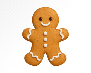 Watercolor gingerbread man cookie with icing details and cheerful smile. Classic holiday biscuit in human shape. Vector illustration.