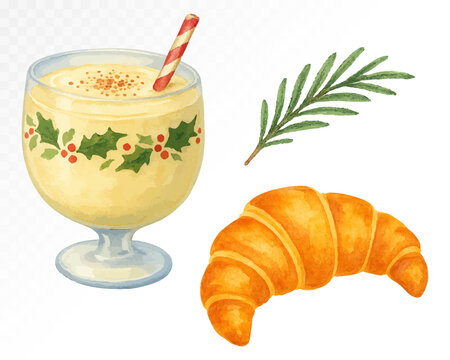 Watercolor eggnog drink in glass with festive decoration and croissant pastry, traditional holiday beverage and breakfast treat. Vector illustration.