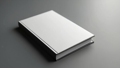 Clean mockup of a blank hardcover book lying on a gray surface. The closed square book with a plain white cover offers ample copy space for design and presentation needs.