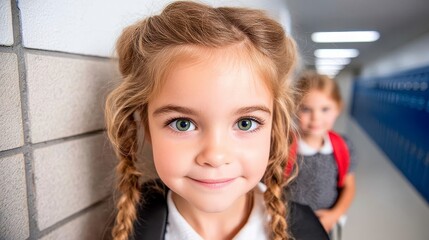 Cute pupils running and smiling at camera in hallway. Joyful children cheerfully sprint down a school corridor flashing bright grins for a photograph.