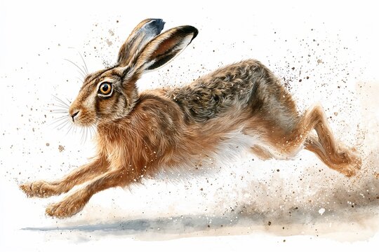 Watercolor illustration of a brown hare in full sprint kicking up dust with detailed fur and dynamic motion