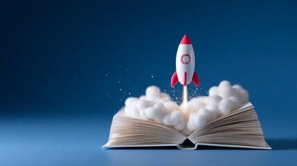 Flat isometric illustration concept. writing in a book with a rocket gliding. A vibrant low poly image depicting a spacecraft soaring above a open book showcasing innovative
