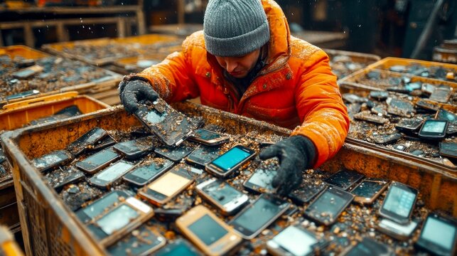Man in winter clothes sorting through bins of dirty used smartphones outdoors, highlighting electronic waste and recycling in cold weather conditions.