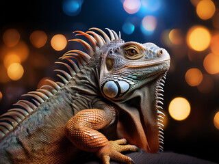 Iguana iguana in jungle setting with vibrant green tones and natural shadows.
Wildlife close-up of green iguana showing facial scales and dorsal spines.