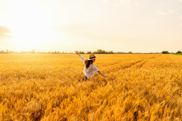 Happy woman with arms wide open enjoying freedom in summer grain field at sunset