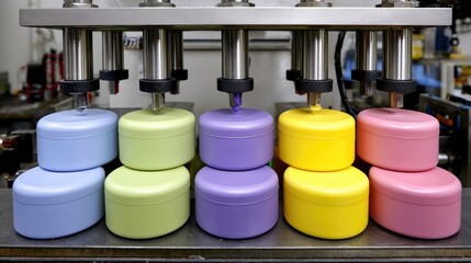Colorful Cream Containers on Production Line with Automated Machinery Processing Beauty Products