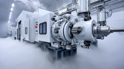 High-Tech Industrial Equipment in Modern Factory with Vapor and Advanced Machinery for Production Processes