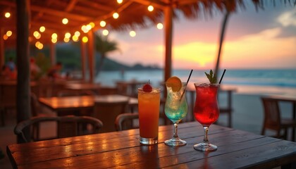 Three colorful cocktails sit on a wooden table at a beach bar during sunset. The ocean and sandy shore create a relaxing tropical atmosphere. String lights overhead cast a warm glow on the scene.