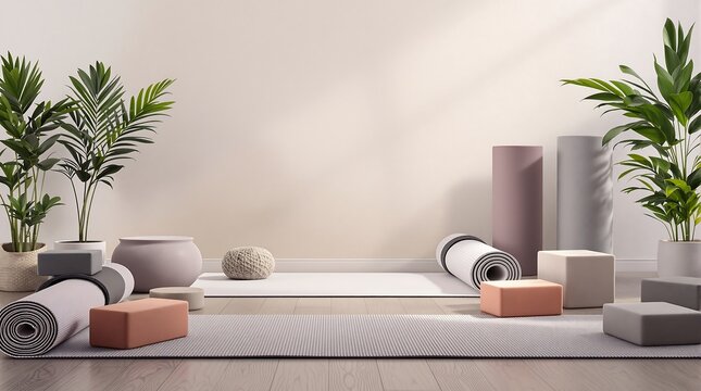 Serene yoga studio setup with mats, blocks, plants, and props for mindful practice