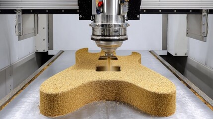 Precision CNC Machine Carving Guitar Body from Wood Material on Modern Milling Equipment in Factory Setting