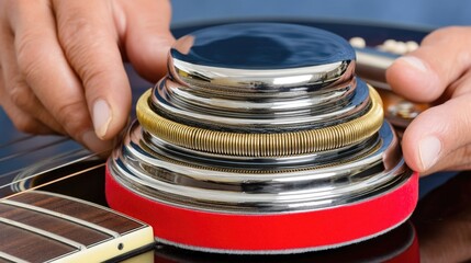 Close-Up of Hands Adjusting Vintage Slide on Acoustic Guitar with Shiny Metal Components and Rich Wood Finish